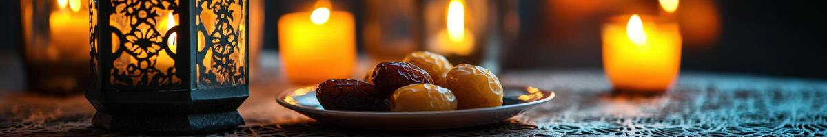 Candles and dates sit on a table photo