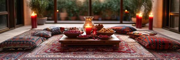 A rug is set up on a table with candles and other items photo