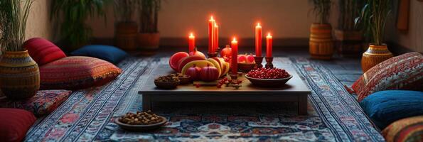 A table with candles and fruit on it photo