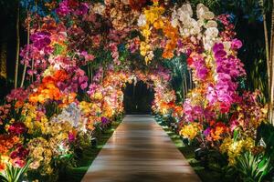 A walkway lined with colorful flowers and trees photo