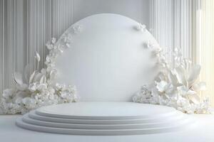 White stage with flowers and a large mirror photo
