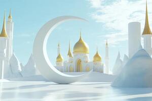 A crescent shaped building with gold domes and a golden crescent photo