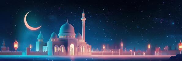 An islamic mosque at night with a crescent moon photo