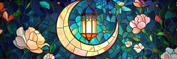 A stained glass window with a crescent and flowers photo