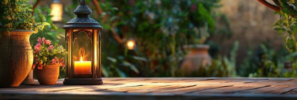 A lantern and a candle on a table in a garden photo