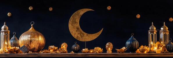 A crescent and candles are arranged on a table photo