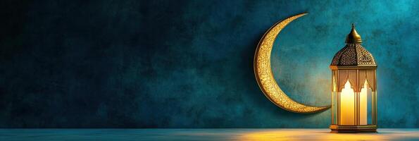 Ramadan lantern with crescent moon on blue wall photo