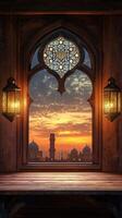 An old window with a view of the sunset photo