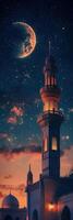 The mosque is lit up at night with the moon in the sky photo
