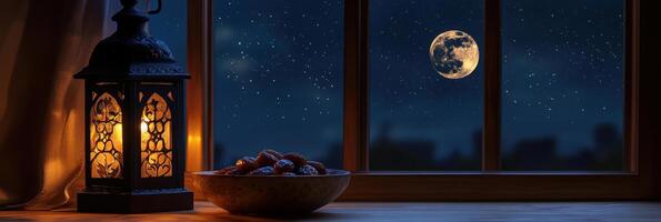 Ramadan moon and a lantern on the window sill photo