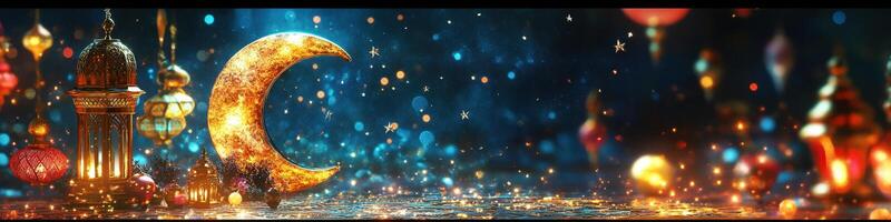 A crescent moon and lanterns in the dark photo