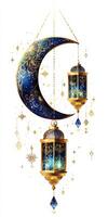 A crescent and a lantern hanging from the ceiling photo
