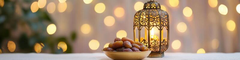 Ramadan kabob with dates and gold lamp photo