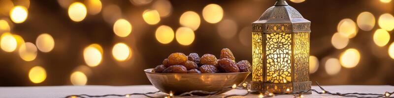 Ramadan kabab with dates and lantern on table with bokeh lights photo
