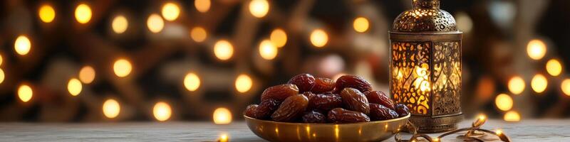 Dates and candles on a table with blurred lights photo