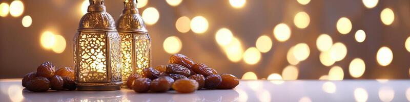 Ramadan kabab and dates on table with bokeh lights photo