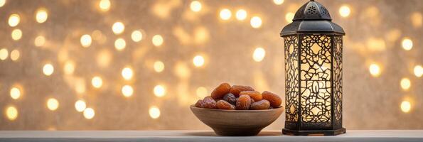 Ramadan lantern and dates on a table with bokeh lights photo