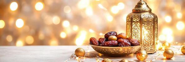 Ramadan kabab, dates and gold lanterns on a table with bokeh lights photo
