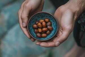 A person holding a bowl of dates photo