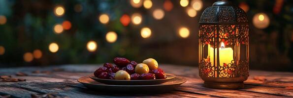 Ramadan kabab and lantern on table with lights photo