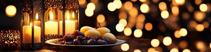 Candles and fruit on a table with lights photo