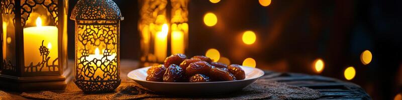 Dates and candles in a bowl on a table with lights photo