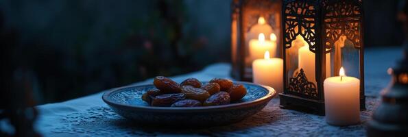 Candles and dates in a bowl on a table photo
