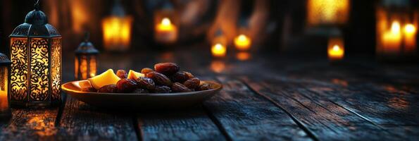 Ramadan kabob with dates and candles on wooden table photo