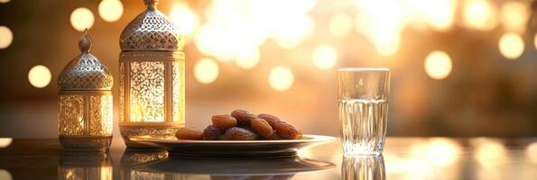 Ramadan kabob with dates and glass of water photo