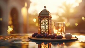 Ramadan lantern and dates on table with golden light photo