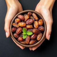 A bowl of dates with mint leaves on top photo