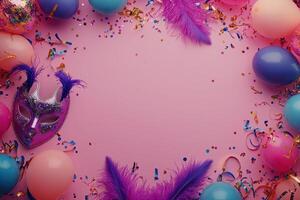 A pink background with colorful balloons and feathers photo