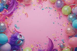 A colorful carnival mask surrounded by balloons and confetti photo