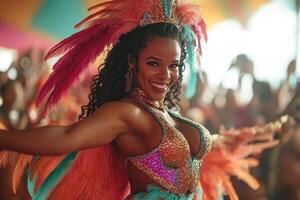 A woman in a colorful costume dancing at a carnival photo