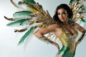 A woman in a green and gold costume with feathers photo