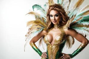 Beautiful woman in gold and green costume with feathers photo