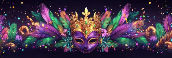 A colorful mardi gras mask with feathers and gold photo