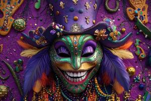 A colorful mardi gras mask with beads and feathers photo