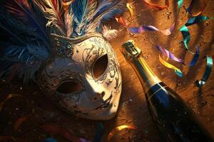 A mask and a bottle of champagne on a wooden table photo