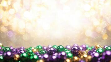Mardi gras beads on a table with gold and purple lights photo
