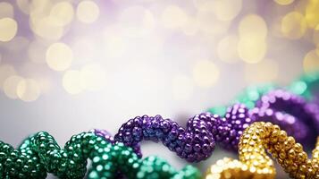 Mardi gras beads on a table with a blurry background photo