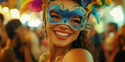 A woman wearing a colorful mask and smiling photo