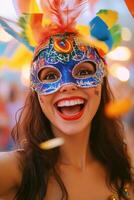 A woman wearing a colorful mask and colorful feathers photo