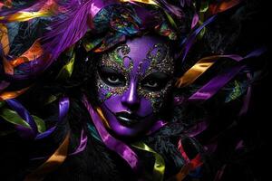 A purple and black mask with feathers photo