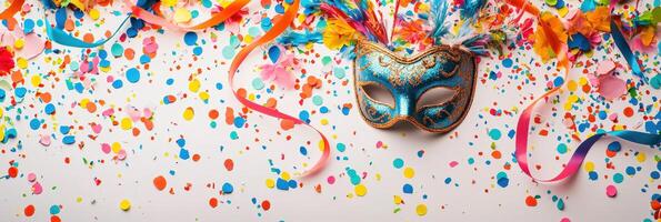 A colorful carnival mask and confetti on a white wall photo