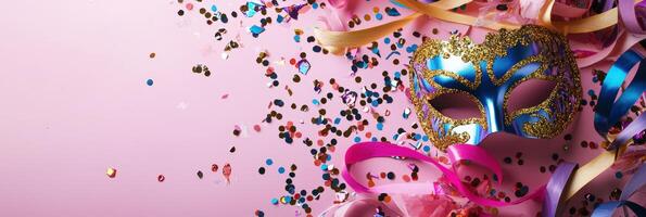A carnival mask and confetti on a pink background photo