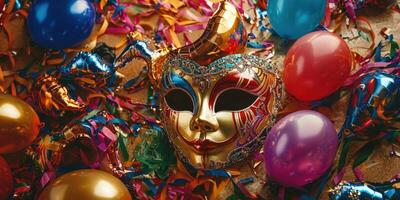 A carnival mask and balloons on a table photo