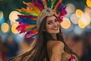 A woman in a colorful costume with feathers photo
