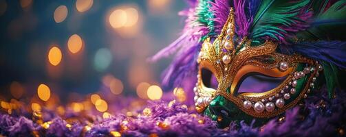 A purple and gold mask with feathers on it photo