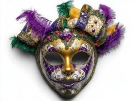 A mardi gras mask with purple and gold feathers photo